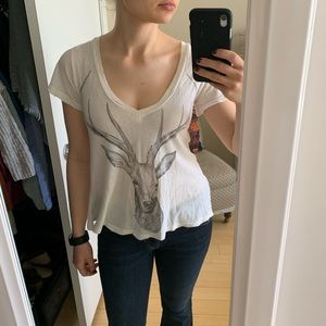 Wildfox V-Neck Graphic Tee with Stag Deer Design